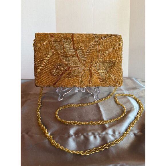 1950s Gold Glass Bead Handbag – Art Deco Leaf Design, Chain Strap - Picture 5 of 8